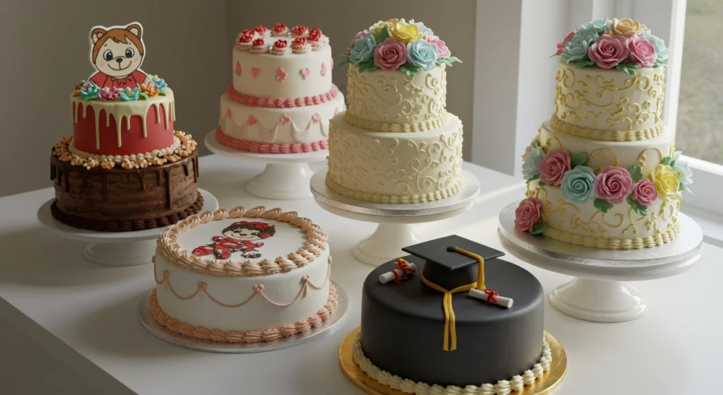 A variety of decorated cakes, including floral, character-themed, and a graduation cake, arranged on a table near a window.