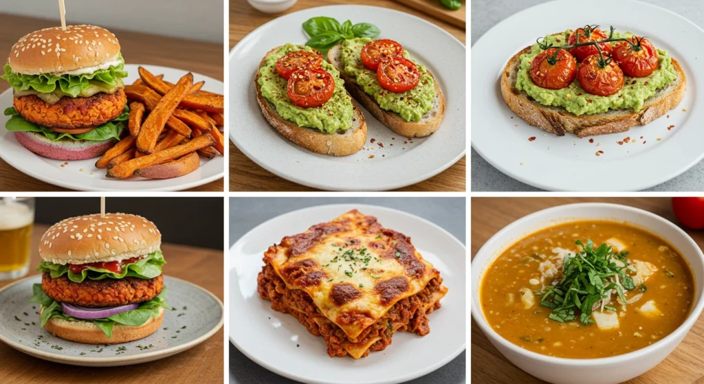 A collage of six different vegetarian and vegan dishes, including burgers, avocado toast, lasagna, and soup, plated beautifully.