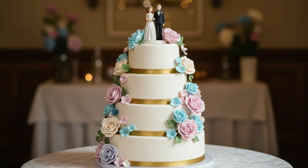 Beautiful Four-Tier Wedding Cake with Floral Decorations Elegant four-tier wedding cake adorned with pastel flowers and a bride-and-groom topper.
