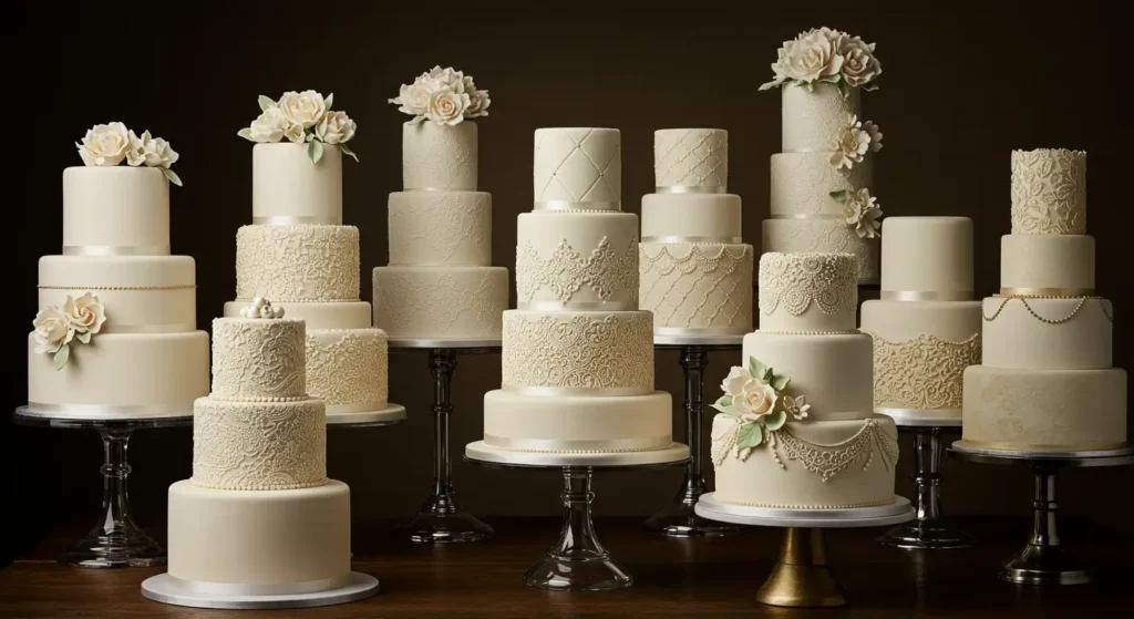 Luxurious Ivory Wedding Cake Collection A collection of elegant ivory wedding cakes with intricate lace and floral designs.