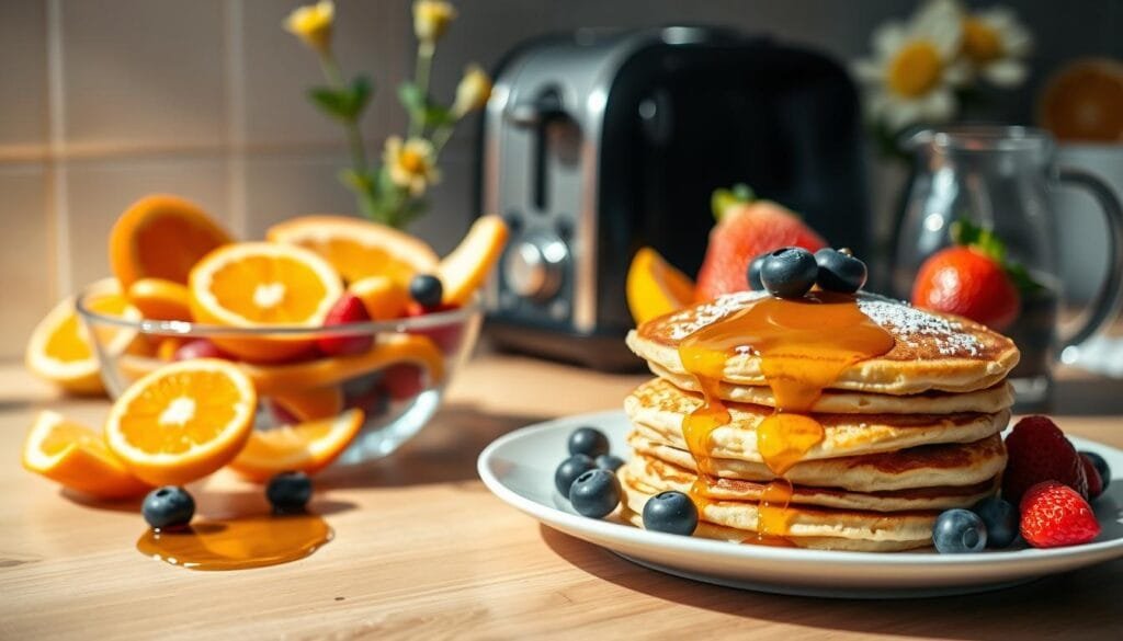 A beautifully lit kitchen counter with an array of delectable breakfast items. In the foreground, a plate showcases a stack of fluffy pancakes drizzled with golden maple syrup, accompanied by plump blueberries and a sprinkle of powdered sugar. In the middle ground, a bowl overflows with vibrant slices of fresh fruit, including juicy oranges, ripe strawberries, and crisp apple wedges. The background features a sleek, modern toaster, a carafe of steaming coffee, and a small vase of freshly cut flowers, creating a warm and inviting atmosphere. The lighting is soft and natural, casting a gentle glow over the scene, capturing the essence of a quick, satisfying breakfast. A beautifully lit kitchen counter with an array of delectable breakfast items. In the foreground, a plate showcases a stack of fluffy pancakes drizzled with golden maple syrup, accompanied by plump blueberries and a sprinkle of powdered sugar. In the middle ground, a bowl overflows with vibrant slices of fresh fruit, including juicy oranges, ripe strawberries, and crisp apple wedges. The background features a sleek, modern toaster, a carafe of steaming coffee, and a small vase of freshly cut flowers, creating a warm and inviting atmosphere. The lighting is soft and natural, casting a gentle glow over the scene, capturing the essence of a quick, satisfying breakfast.
