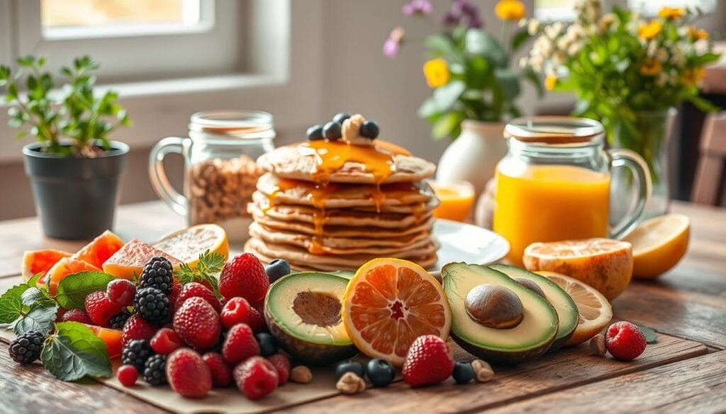 A bountiful still life of healthy brunch options arranged on a rustic wooden table, bathed in soft, natural lighting. In the foreground, a vibrant selection of fresh fruit - juicy berries, sliced citrus, and ripe avocado halves. In the middle ground, a stack of fluffy whole-grain pancakes drizzled with honey, accompanied by a jar of homemade granola and a carafe of freshly squeezed orange juice. In the background, a potted herb plant and a vase of wildflowers add a touch of greenery, complementing the earthy, inviting atmosphere. The composition is balanced and visually appealing, capturing the essence of a nourishing and delightful brunch spread. A bountiful still life of healthy brunch options arranged on a rustic wooden table, bathed in soft, natural lighting. In the foreground, a vibrant selection of fresh fruit - juicy berries, sliced citrus, and ripe avocado halves. In the middle ground, a stack of fluffy whole-grain pancakes drizzled with honey, accompanied by a jar of homemade granola and a carafe of freshly squeezed orange juice. In the background, a potted herb plant and a vase of wildflowers add a touch of greenery, complementing the earthy, inviting atmosphere. The composition is balanced and visually appealing, capturing the essence of a nourishing and delightful brunch spread.