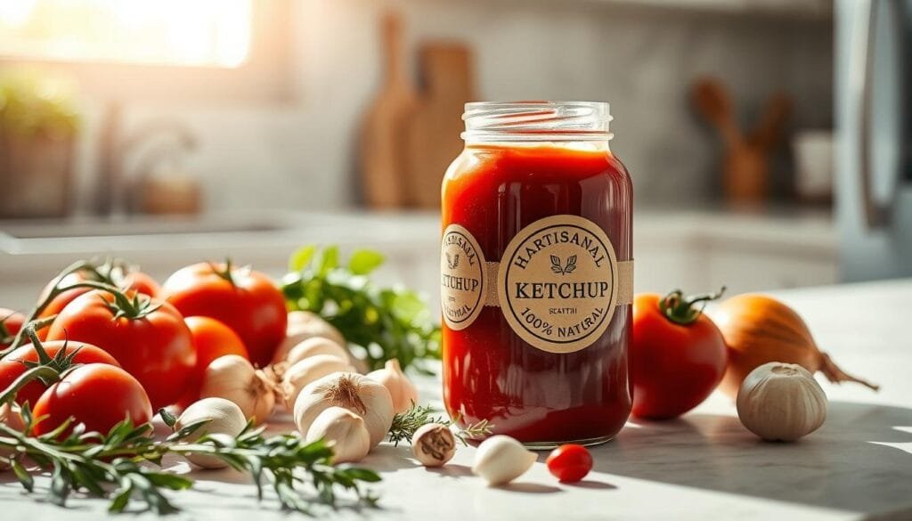 A bright, clean kitchen countertop. In the foreground, an assortment of freshly picked tomatoes, onions, garlic, and aromatic herbs. A glass jar filled with deep red, homemade ketchup takes center stage, its label highlighting the "Artisanal" and "100% Natural" qualities. Sunlight streams in through a window, casting a warm glow on the scene. The composition emphasizes the handcrafted, wholesome nature of the ketchup, conveying the benefits of making it at home - free from preservatives, with full control over the ingredients. The overall mood is one of culinary pride, health-consciousness, and the joy of creating something delicious from scratch.
