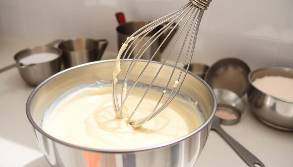A bright, well-lit kitchen counter with various baking tools and ingredients neatly arranged. In the foreground, a stainless steel mixing bowl containing a smooth, creamy cake batter being gently stirred with a classic wire whisk. The batter's texture appears light and airy, with no visible lumps or imperfections. In the middle ground, measuring cups, spoons, and a sifter sit nearby, hinting at the careful preparation that went into the mixing process. The background features a clean, minimal tiled backsplash, providing a crisp, uncluttered backdrop to highlight the precise, well-executed cake mixing technique. A bright, well-lit kitchen counter with various baking tools and ingredients neatly arranged. In the foreground, a stainless steel mixing bowl containing a smooth, creamy cake batter being gently stirred with a classic wire whisk. The batter's texture appears light and airy, with no visible lumps or imperfections. In the middle ground, measuring cups, spoons, and a sifter sit nearby, hinting at the careful preparation that went into the mixing process. The background features a clean, minimal tiled backsplash, providing a crisp, uncluttered backdrop to highlight the precise, well-executed cake mixing technique.