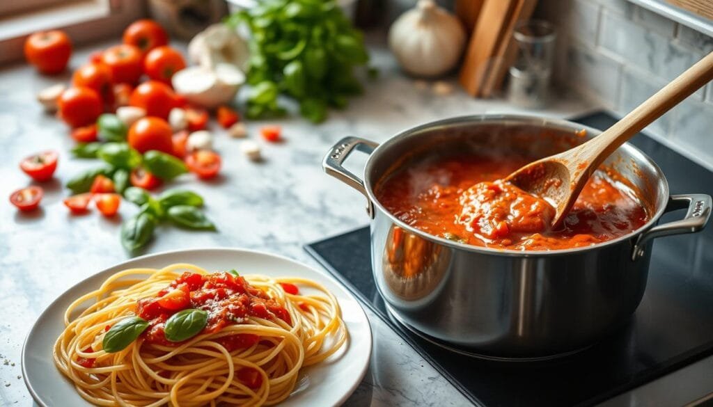 A brightly lit kitchen counter, freshly chopped tomatoes, garlic, and basil leaves spilling onto the surface. A saucepan simmers with a rich, fragrant tomato sauce, steam rising in gentle wisps. A wooden spoon stirs the sauce, revealing its vibrant red hue. Nearby, a plate of cooked spaghetti noodles waits, ready to be topped with the homemade sauce. The scene conveys a sense of effortless culinary expertise, inviting the viewer to imagine the satisfying flavor of this quick, homemade spaghetti sauce.