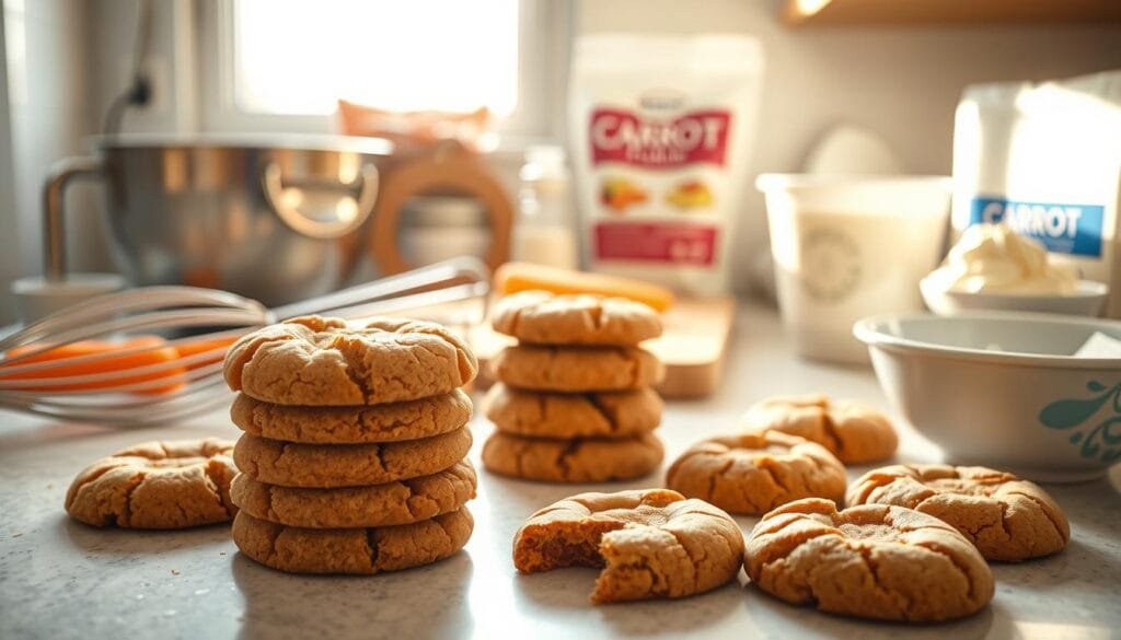 A brightly lit kitchen counter, the surface covered in a variety of baking ingredients and tools. In the foreground, a stack of freshly baked carrot cake cookies, some slightly misshapen or cracked, alongside a mixing bowl and a whisk. Behind them, a cutting board with sliced carrots, a bag of flour, and a tub of cream cheese frosting. Warm, golden light filters in through a nearby window, casting a cozy glow over the scene. The mood is one of contemplation and problem-solving, as the baker examines the imperfect cookies, searching for clues to improve the next batch. A brightly lit kitchen counter, the surface covered in a variety of baking ingredients and tools. In the foreground, a stack of freshly baked carrot cake cookies, some slightly misshapen or cracked, alongside a mixing bowl and a whisk. Behind them, a cutting board with sliced carrots, a bag of flour, and a tub of cream cheese frosting. Warm, golden light filters in through a nearby window, casting a cozy glow over the scene. The mood is one of contemplation and problem-solving, as the baker examines the imperfect cookies, searching for clues to improve the next batch.