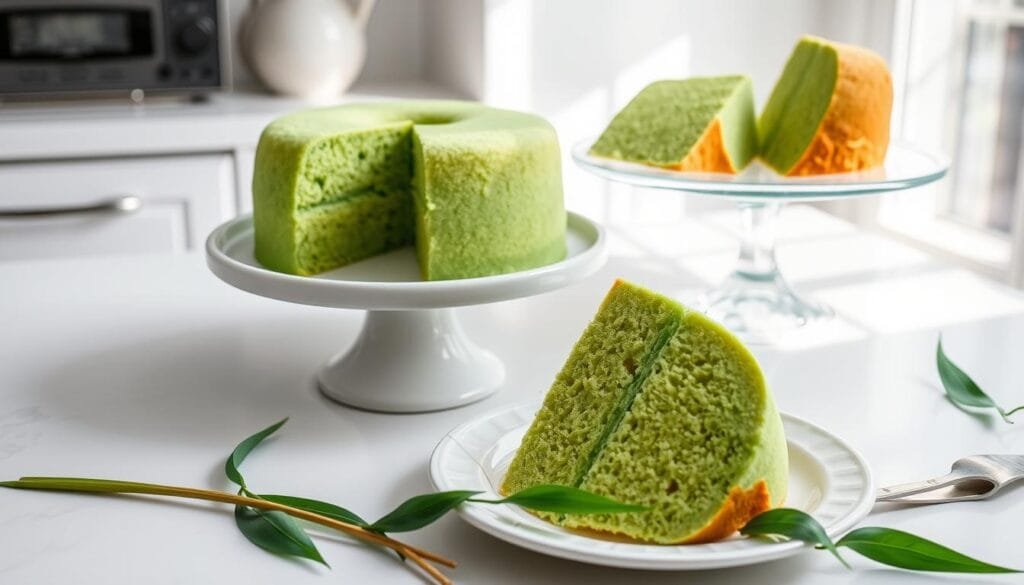 A clean, well-lit kitchen counter showcases a pandan chiffon cake on a white ceramic platter. The cake is freshly baked, its vibrant green hue and fluffy, pillowy texture inviting. Nearby, a glass cake stand displays another pandan cake, perfectly sliced and ready to serve. Delicate pandan leaves artfully surround the cakes, their rich green hues and subtle fragrance complementing the desserts. Soft, natural lighting from a nearby window casts a gentle glow, enhancing the cakes' appealing appearance. The scene conveys a sense of culinary mastery and a desire to savor the flavors of this beloved Southeast Asian treat. A clean, well-lit kitchen counter showcases a pandan chiffon cake on a white ceramic platter. The cake is freshly baked, its vibrant green hue and fluffy, pillowy texture inviting. Nearby, a glass cake stand displays another pandan cake, perfectly sliced and ready to serve. Delicate pandan leaves artfully surround the cakes, their rich green hues and subtle fragrance complementing the desserts. Soft, natural lighting from a nearby window casts a gentle glow, enhancing the cakes' appealing appearance. The scene conveys a sense of culinary mastery and a desire to savor the flavors of this beloved Southeast Asian treat.
