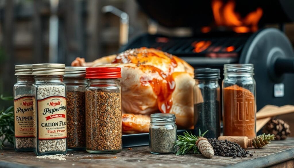 A close-up shot of various seasoning jars and spices arranged in a rustic, natural setting. In the foreground, an assortment of seasonings - paprika, garlic powder, onion flakes, black pepper, and herbs like rosemary, thyme, and oregano - are displayed against a wooden surface. The middle ground features a whole chicken, seasoned and ready for the grill, with a light glaze or marinade dripping down. In the background, a charcoal grill or smoker is visible, casting a warm, smoky atmosphere. Soft, natural lighting illuminates the scene, highlighting the vibrant colors and textures of the ingredients. The overall composition conveys a sense of culinary exploration and the perfect balance of flavors for an exceptional grilled chicken dish. A close-up shot of various seasoning jars and spices arranged in a rustic, natural setting. In the foreground, an assortment of seasonings - paprika, garlic powder, onion flakes, black pepper, and herbs like rosemary, thyme, and oregano - are displayed against a wooden surface. The middle ground features a whole chicken, seasoned and ready for the grill, with a light glaze or marinade dripping down. In the background, a charcoal grill or smoker is visible, casting a warm, smoky atmosphere. Soft, natural lighting illuminates the scene, highlighting the vibrant colors and textures of the ingredients. The overall composition conveys a sense of culinary exploration and the perfect balance of flavors for an exceptional grilled chicken dish.