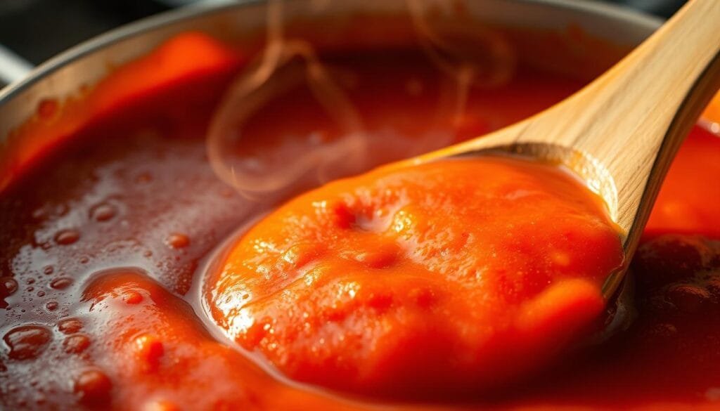 A close-up view of a wooden spoon gently swirling through a vibrant tomato sauce, revealing its smooth, velvety consistency. The sauce simmers gently on a rustic stovetop, casting warm, golden light across the scene. Wisps of steam curl upwards, adding a sense of homemade comfort. The composition emphasizes the rich, deep red hue of the sauce, inviting the viewer to imagine its flavor. The focus is sharp, drawing the eye to the texture and movement of the sauce, while the background remains softly blurred, creating a sense of intimacy and attention to detail.