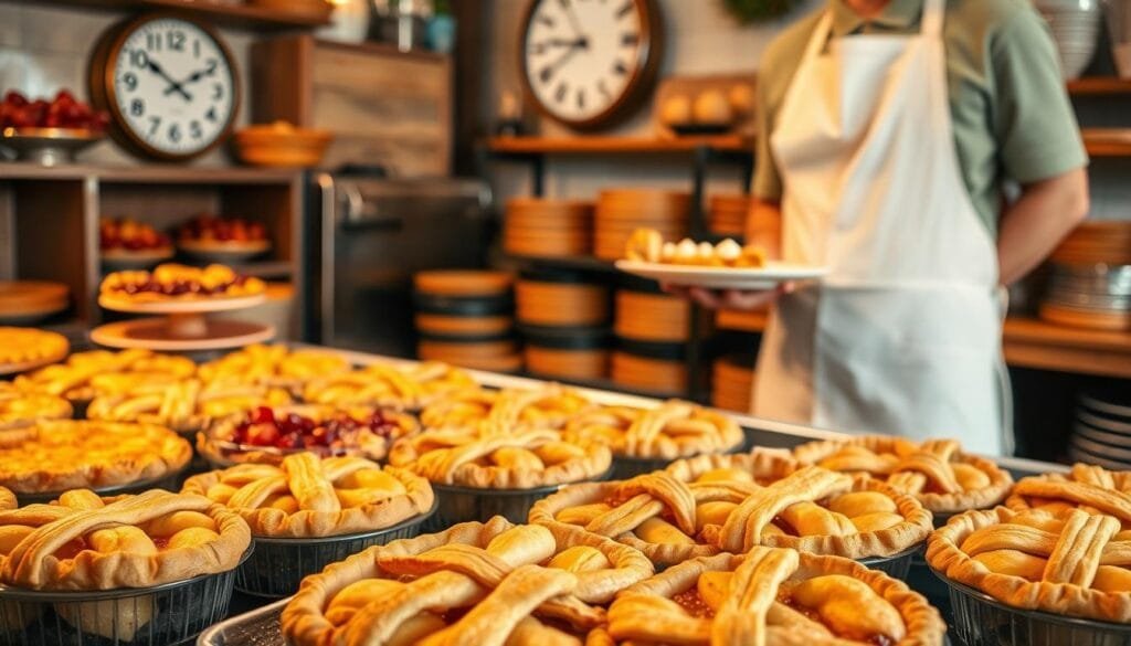 A cozy bakery interior, warm lighting casting a golden glow over a display of freshly baked pies. In the foreground, a tray of just-pulled apple pies, their flaky crusts still steaming, surrounded by an assortment of berry, pumpkin, and pecan pies. In the middle ground, a cheerful baker in a crisp white apron expertly plates a slice, highlighting the mouthwatering layers of fruit and buttery pastry. In the background, a vintage analog clock shows the perfect time to visit, capturing the optimal window for enjoying these delectable homemade treats at the peak of freshness.