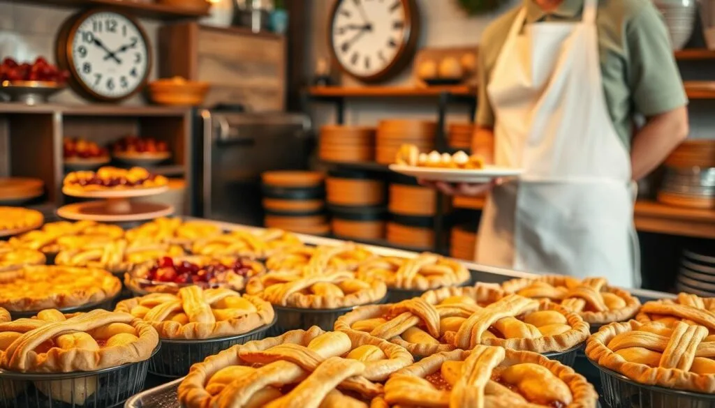A cozy bakery interior, warm lighting casting a golden glow over a display of freshly baked pies. In the foreground, a tray of just-pulled apple pies, their flaky crusts still steaming, surrounded by an assortment of berry, pumpkin, and pecan pies. In the middle ground, a cheerful baker in a crisp white apron expertly plates a slice, highlighting the mouthwatering layers of fruit and buttery pastry. In the background, a vintage analog clock shows the perfect time to visit, capturing the optimal window for enjoying these delectable homemade treats at the peak of freshness.