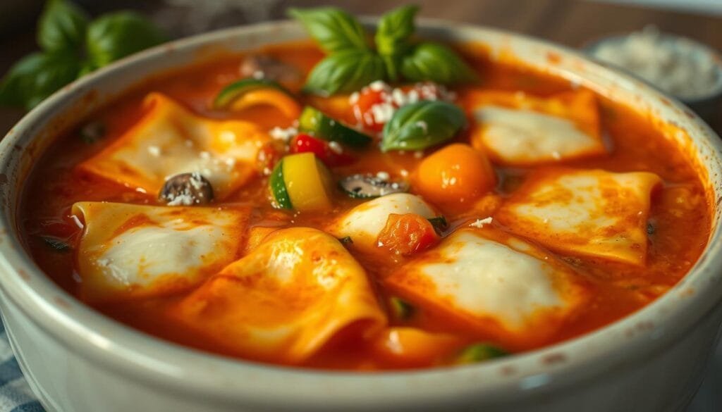 A cozy, hearty vegetarian lasagna soup simmering in a warm, tomato-based broth. In the foreground, thick slices of lasagna noodles, creamy ricotta, and melted mozzarella cheese float atop the soup. Vibrant bell peppers, zucchini, and mushrooms provide a medley of textures and flavors in the middle ground. In the background, fresh basil leaves and a sprinkle of Parmesan add the final touches to this comforting, customizable dish. Soft, diffused lighting casts a gentle glow, creating an inviting and mouthwatering scene. A high-resolution, photorealistic image captured at a medium camera angle.