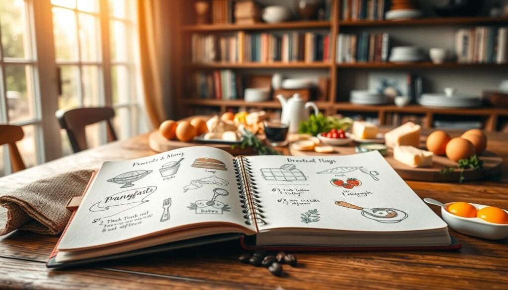 A cozy, rustic brunch menu planning scene. In the foreground, an open sketchbook with hand-drawn breakfast item illustrations - pancakes, waffles, fresh fruit, a cheese board. Midground, a wooden table with assorted brunch ingredients - eggs, herbs, butter, syrup, coffee beans. Warm, natural lighting filters through a large window, casting a soft glow. In the background, shelves lined with cookbooks and serving platters. The atmosphere is relaxed, inviting, and full of the promise of a delicious, satisfying brunch spread. A cozy, rustic brunch menu planning scene. In the foreground, an open sketchbook with hand-drawn breakfast item illustrations - pancakes, waffles, fresh fruit, a cheese board. Midground, a wooden table with assorted brunch ingredients - eggs, herbs, butter, syrup, coffee beans. Warm, natural lighting filters through a large window, casting a soft glow. In the background, shelves lined with cookbooks and serving platters. The atmosphere is relaxed, inviting, and full of the promise of a delicious, satisfying brunch spread.