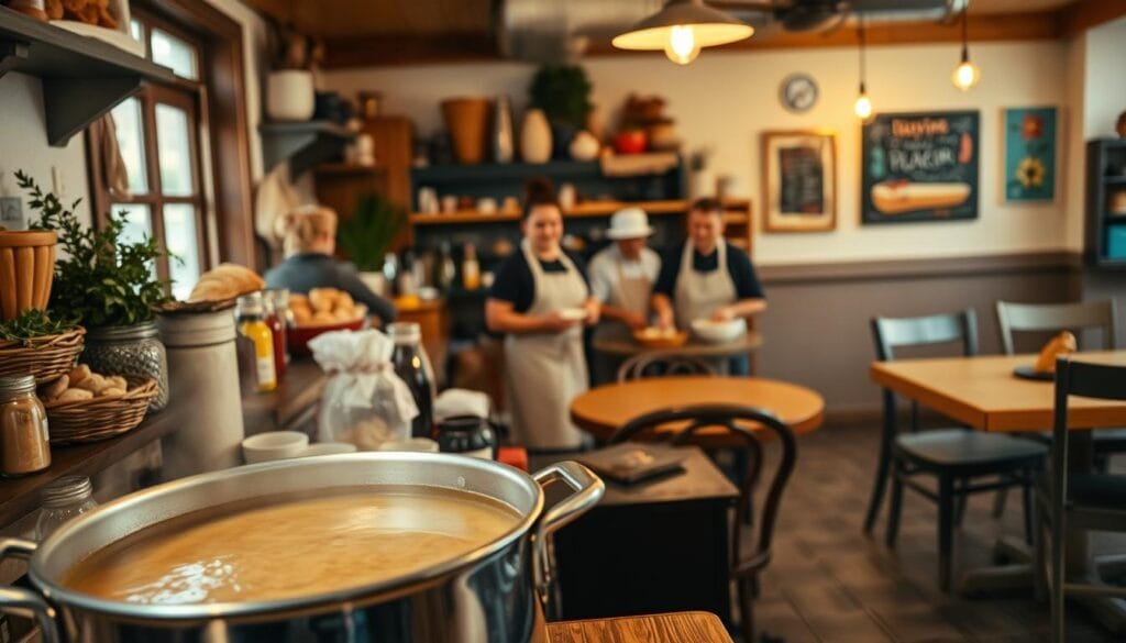A cozy, well-lit interior of a homestyle soup kitchen. In the foreground, a simmering pot of fragrant, hearty soup takes center stage, steam gently rising. Behind it, a wooden counter is lined with freshly baked bread, baskets of herbs, and jars of local condiments. In the middle ground, apron-clad chefs busily prepare more dishes, their faces radiating warmth and hospitality. The background depicts a charming, vintage-inspired dining area, with mismatched tables and chairs, and cheerful art adorning the walls. The lighting is soft and inviting, creating an atmosphere of comfort and community. An authentic, family-run establishment dedicated to serving delicious, homemade soup.