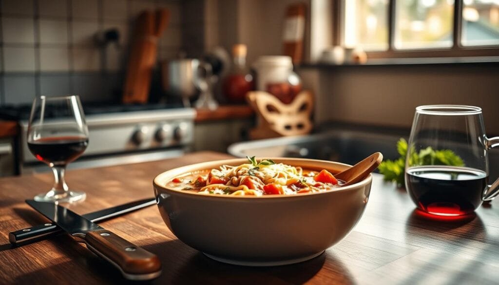 A cozy, well-lit kitchen counter showcases a steaming bowl of homemade lasagna soup. Vibrant tomatoes, fragrant herbs, and melted cheese create a mouthwatering centerpiece. In the foreground, a chef's knife, wooden spoon, and a small glass of red wine hint at the care and technique used to craft this dish. Soft, natural lighting from a nearby window casts warm shadows, evoking the comforting ambiance of a professional kitchen. The overall scene radiates the expertise and passion of a seasoned culinary master, inspiring the viewer to recreate this restaurant-quality soup at home.