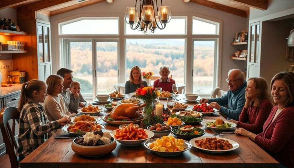 A cozy, well-lit kitchen with a large wooden table in the center, set for a family celebration meal. In the foreground, a variety of seasonal dishes and platters are arranged, including a roast turkey, mashed potatoes, steamed vegetables, and a delectable dessert. Family members, from young to old, are seated around the table, engaged in lively conversation and laughter. The middle ground features a welcoming open-concept layout, with shelves displaying family heirlooms and cookbooks. Soft, warm lighting casts a gentle glow, and large windows in the background offer a glimpse of a picturesque autumn landscape outside. The overall atmosphere exudes a sense of togetherness, comfort, and the joy of sharing a special occasion. A cozy, well-lit kitchen with a large wooden table in the center, set for a family celebration meal. In the foreground, a variety of seasonal dishes and platters are arranged, including a roast turkey, mashed potatoes, steamed vegetables, and a delectable dessert. Family members, from young to old, are seated around the table, engaged in lively conversation and laughter. The middle ground features a welcoming open-concept layout, with shelves displaying family heirlooms and cookbooks. Soft, warm lighting casts a gentle glow, and large windows in the background offer a glimpse of a picturesque autumn landscape outside. The overall atmosphere exudes a sense of togetherness, comfort, and the joy of sharing a special occasion.