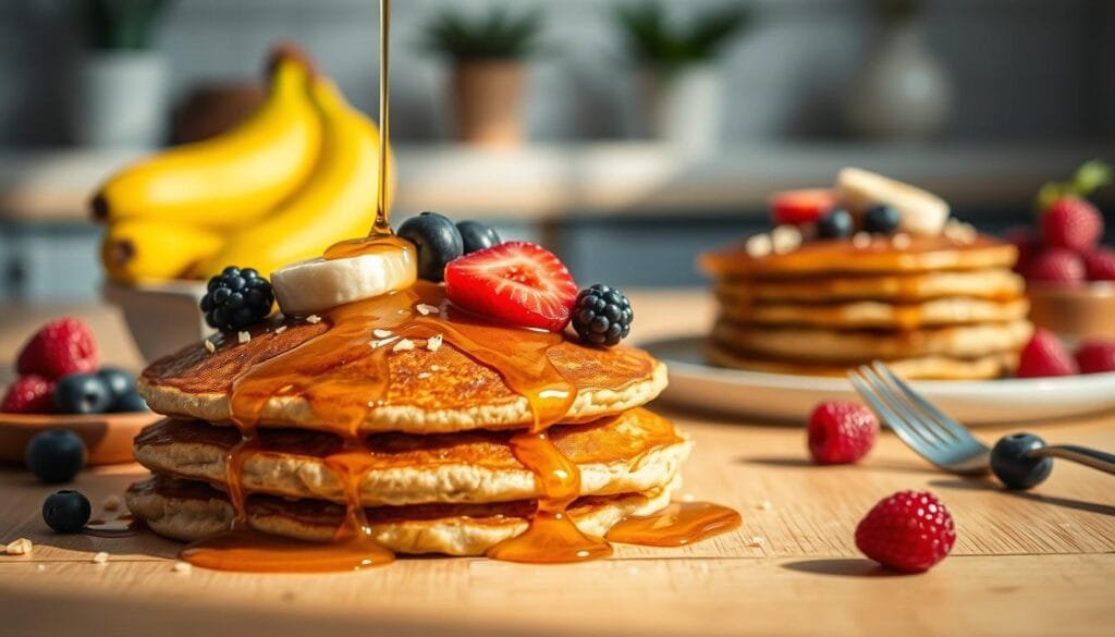A delectable arrangement of golden-brown banana oatmeal pancakes, drizzled with honey and adorned with fresh berries, capturing the essence of a nourishing and satisfying breakfast. The pancakes are nestled on a wooden table, bathed in soft, warm lighting that casts a cozy, inviting atmosphere. In the background, a minimalist kitchen setting with subtle hints of natural elements, such as potted plants or a simple vase, adds to the overall harmonious and wholesome aesthetic. The composition emphasizes the visual appeal and the mouthwatering qualities of this delightful breakfast option, perfectly complementing the "Delicious Banana Oatmeal Pancakes" section of the article.