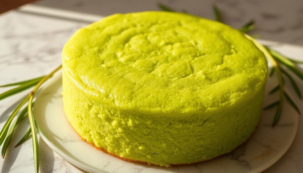 A delectable pandan cake resting on a marble countertop, its vibrant green hue shimmering under warm, natural lighting. The cake's fluffy texture is evident, with a subtle sheen on the surface. Surrounding the cake are a few fresh pandan leaves, their slender, striped blades adding a touch of rustic elegance. The scene exudes a sense of homemade, effortless charm, inviting the viewer to imagine the aromatic, sweet flavors of this easy, no-separate-eggs pandan cake. A delectable pandan cake resting on a marble countertop, its vibrant green hue shimmering under warm, natural lighting. The cake's fluffy texture is evident, with a subtle sheen on the surface. Surrounding the cake are a few fresh pandan leaves, their slender, striped blades adding a touch of rustic elegance. The scene exudes a sense of homemade, effortless charm, inviting the viewer to imagine the aromatic, sweet flavors of this easy, no-separate-eggs pandan cake.