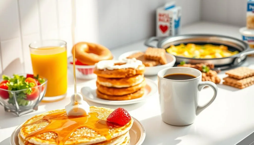 A delightful array of speedy breakfast options on a crisp, white countertop, basking in soft, natural lighting. In the foreground, a stack of fluffy pancakes drizzled with golden honey, alongside a vibrant fruit salad and a steaming mug of aromatic coffee. In the middle ground, a toasted bagel with a creamy spread, accompanied by a freshly squeezed orange juice. In the background, a sizzling omelet with diced vegetables, complemented by a selection of crunchy granola bars and a carton of yogurt. The scene exudes a sense of effortless morning preparation, perfect for fueling a productive day ahead.
