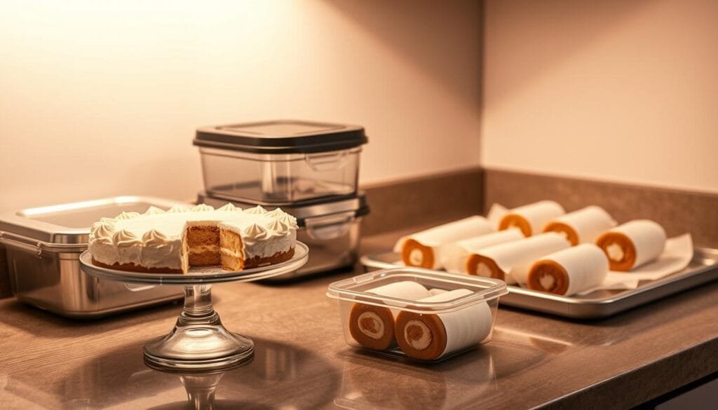 A kitchen counter illuminated by warm, soft lighting, showcasing an assortment of ice cream cakes in various storage containers. In the foreground, a clear glass cake stand displays a meticulously frosted ice cream cake, while beside it, a plastic storage container holds individual slices. In the middle ground, a stainless steel baking sheet with parchment-wrapped ice cream cake rolls sits atop the counter. The background features a minimalist, neutral-toned wall, accentuating the delectable treats. The overall scene exudes a sense of culinary expertise and attention to detail, capturing the best practices for storing and serving ice cream cakes.