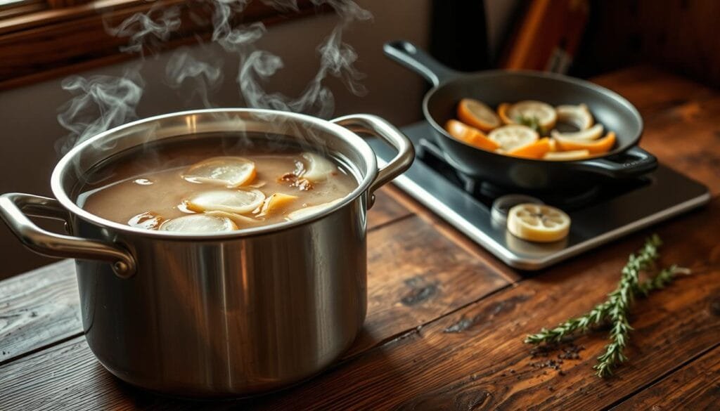 A large stainless steel stockpot on a rustic wooden table, steam rising from the surface, filled with a rich, golden-brown broth. Onion slices sizzle in a cast iron pan on the stove, their caramelized edges lending depth to the aroma. Sprigs of fresh thyme and a sprinkling of cracked black pepper accent the scene, hinting at the complex flavors to come. Soft, diffused lighting from a nearby window casts a warm glow, creating an inviting, cozy atmosphere. The camera angle is close, drawing the viewer into the preparation process, emphasizing the importance of this essential broth base.