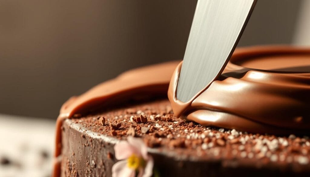 A lush, close-up view of a professional chocolate cake frosting technique. In the foreground, a smooth, glossy chocolate ganache frosting is being expertly applied to the sides of a rich, dark chocolate cake with a palette knife, creating elegant, sweeping curves. The frosting glistens under warm, directional lighting, casting subtle shadows that accentuate the texture. In the middle ground, a variety of chocolate shavings, cocoa powder, and edible flowers are neatly arranged, adding visual interest and a sense of artistry. The background is softly blurred, allowing the viewer to focus solely on the mesmerizing frosting process. The overall mood is one of indulgence, precision, and the delightful mastery of a classic chocolate dessert. A lush, close-up view of a professional chocolate cake frosting technique. In the foreground, a smooth, glossy chocolate ganache frosting is being expertly applied to the sides of a rich, dark chocolate cake with a palette knife, creating elegant, sweeping curves. The frosting glistens under warm, directional lighting, casting subtle shadows that accentuate the texture. In the middle ground, a variety of chocolate shavings, cocoa powder, and edible flowers are neatly arranged, adding visual interest and a sense of artistry. The background is softly blurred, allowing the viewer to focus solely on the mesmerizing frosting process. The overall mood is one of indulgence, precision, and the delightful mastery of a classic chocolate dessert.