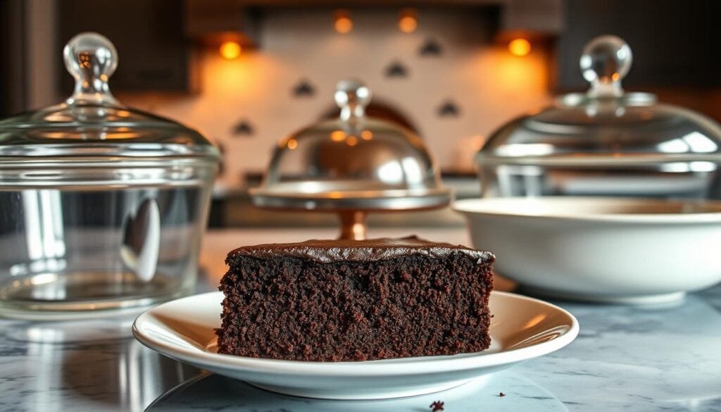 A lush, dimly lit kitchen interior. In the foreground, a slice of flourless chocolate torte sits atop a white porcelain plate, its rich, fudgy texture glistening under warm, soft lighting. Surrounding the plate, various storage solutions come into focus - an airtight glass container, a metal cake dome, and a chilled ceramic dish, all showcasing different techniques to preserve the torte's moist, decadent crumb. In the background, a marble countertop and brushed copper accents create an elegant, refined atmosphere, complementing the luxurious dessert. The scene conveys the care and attention needed to store this indulgent, make-ahead treat.