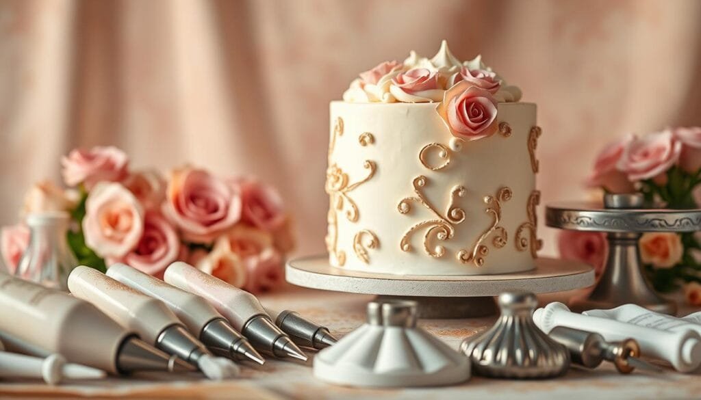A meticulously detailed scene of cake decorating techniques. In the foreground, a selection of decorative piping bags, turntables, and fondant modeling tools arranged neatly. In the middle ground, a masterfully iced cake with elaborate floral designs, delicate piped details, and shimmering edible glitter. The background features a soft, warm-toned backdrop with a vintage inspired aesthetic, casting a gentle glow over the scene. Crisp, high-resolution photography with a shallow depth of field, highlighting the intricate textures and craftsmanship of the cake decorating process. A meticulously detailed scene of cake decorating techniques. In the foreground, a selection of decorative piping bags, turntables, and fondant modeling tools arranged neatly. In the middle ground, a masterfully iced cake with elaborate floral designs, delicate piped details, and shimmering edible glitter. The background features a soft, warm-toned backdrop with a vintage inspired aesthetic, casting a gentle glow over the scene. Crisp, high-resolution photography with a shallow depth of field, highlighting the intricate textures and craftsmanship of the cake decorating process.
