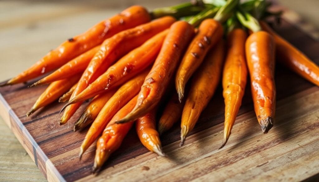 A neatly arranged set of roasted carrots on a rustic wooden cutting board, capturing the temperature guidelines for optimal roasting. The carrots are evenly cooked, with a golden-brown exterior and a tender, caramelized interior. Soft, natural lighting from the side highlights the vibrant orange hues and creates subtle shadows, emphasizing the textural details. The background is slightly blurred, drawing the viewer's attention to the main subject. The image conveys a sense of culinary expertise and attention to detail, perfectly suited for the "Temperature and Timing Guidelines" section of the article. A neatly arranged set of roasted carrots on a rustic wooden cutting board, capturing the temperature guidelines for optimal roasting. The carrots are evenly cooked, with a golden-brown exterior and a tender, caramelized interior. Soft, natural lighting from the side highlights the vibrant orange hues and creates subtle shadows, emphasizing the textural details. The background is slightly blurred, drawing the viewer's attention to the main subject. The image conveys a sense of culinary expertise and attention to detail, perfectly suited for the "Temperature and Timing Guidelines" section of the article.