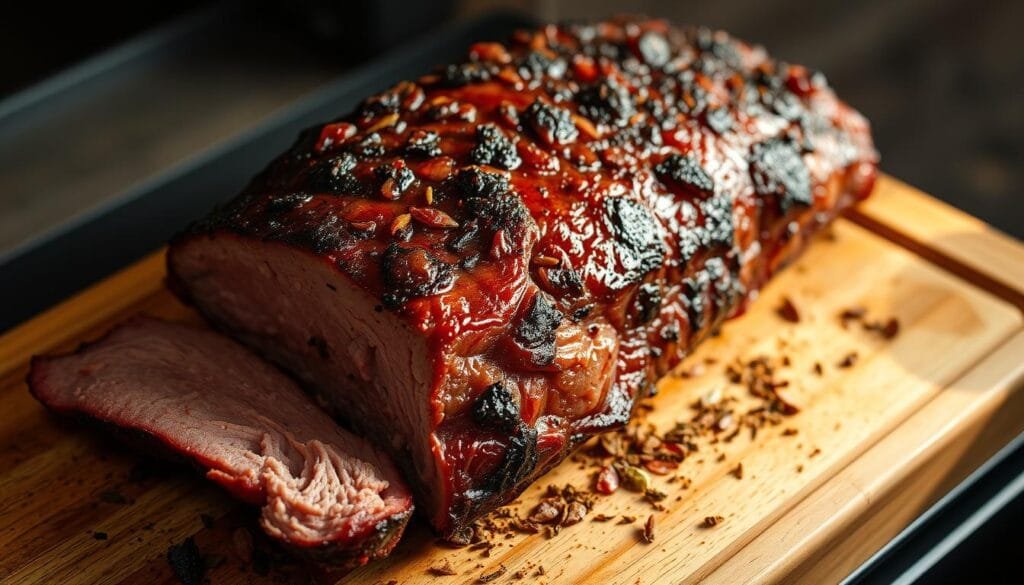 A perfectly seared and smoky brisket, resting on a wooden cutting board, nestled in a bed of fragrant herbs and spices. The glistening exterior reveals the intense flavor infused by the pellet grill's aromatic smoke. Soft, ambient lighting casts warm shadows, heightening the mouthwatering anticipation. The brisket's tender interior, still radiating heat, awaits the final carving, ready to deliver the ultimate smoked meat experience. This moment of rest is the crucial bridge between the laborious cooking process and the savory, succulent reward. A perfectly seared and smoky brisket, resting on a wooden cutting board, nestled in a bed of fragrant herbs and spices. The glistening exterior reveals the intense flavor infused by the pellet grill's aromatic smoke. Soft, ambient lighting casts warm shadows, heightening the mouthwatering anticipation. The brisket's tender interior, still radiating heat, awaits the final carving, ready to deliver the ultimate smoked meat experience. This moment of rest is the crucial bridge between the laborious cooking process and the savory, succulent reward.