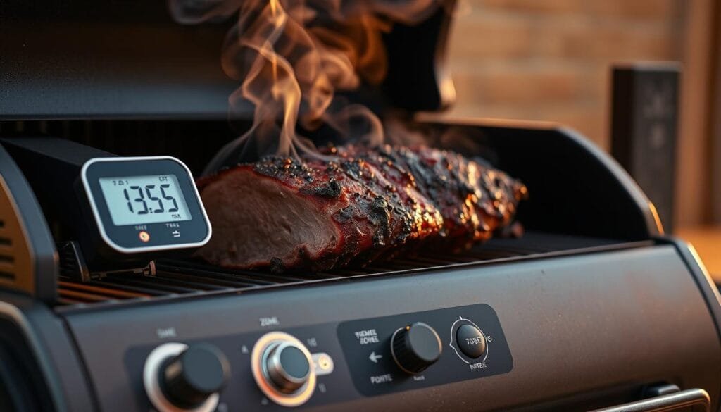 A perfectly seared and tender brisket sits atop a pellet grill, its internal temperature displayed on a sleek digital thermometer. The smoke swirls gently around the meat, infusing it with a delectable, aromatic hue. The grill's control panel is illuminated, showcasing the various temperature zones and settings, allowing for precise temperature regulation throughout the smoking process. The scene is bathed in warm, golden lighting, creating a cozy, inviting atmosphere. The focus is sharp, capturing every detail of the brisket and the grill's features, highlighting the importance of temperature control in achieving the ultimate smoky flavor. A perfectly seared and tender brisket sits atop a pellet grill, its internal temperature displayed on a sleek digital thermometer. The smoke swirls gently around the meat, infusing it with a delectable, aromatic hue. The grill's control panel is illuminated, showcasing the various temperature zones and settings, allowing for precise temperature regulation throughout the smoking process. The scene is bathed in warm, golden lighting, creating a cozy, inviting atmosphere. The focus is sharp, capturing every detail of the brisket and the grill's features, highlighting the importance of temperature control in achieving the ultimate smoky flavor.
