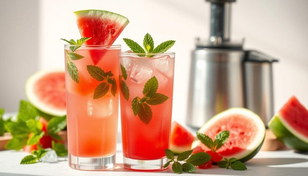 A refreshing glass of watermelon mint lemonade against a bright, airy background. The lemonade fills the foreground, its vibrant pink-red hue accented by fresh mint leaves and slices of juicy watermelon. Crystalline ice cubes catch the light, adding a sparkling, thirst-quenching appeal. The middle ground features a cutting board with halved watermelon and a juicer, conveying the process of preparing this nutritious beverage. The background is a soft, neutral tone, allowing the vibrant colors of the drink to take center stage. Diffused, natural lighting casts a warm, summery glow, enhancing the appetizing presentation. The overall scene exudes a sense of healthfulness, refreshment, and the natural goodness of these key ingredients. A refreshing glass of watermelon mint lemonade against a bright, airy background. The lemonade fills the foreground, its vibrant pink-red hue accented by fresh mint leaves and slices of juicy watermelon. Crystalline ice cubes catch the light, adding a sparkling, thirst-quenching appeal. The middle ground features a cutting board with halved watermelon and a juicer, conveying the process of preparing this nutritious beverage. The background is a soft, neutral tone, allowing the vibrant colors of the drink to take center stage. Diffused, natural lighting casts a warm, summery glow, enhancing the appetizing presentation. The overall scene exudes a sense of healthfulness, refreshment, and the natural goodness of these key ingredients.
