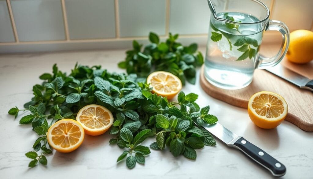 A serene kitchen counter bathed in soft, natural light. On the surface, an assortment of freshly picked mint leaves, juicy lemon halves, and a glass pitcher filled with crystal-clear water. Nearby, a cutting board and a sharp knife, ready to slice and muddle the ingredients. The scene evokes a sense of simplicity and purity, inviting the viewer to imagine the refreshing, fragrant mint lemonade that will soon be prepared. The arrangement is balanced and visually appealing, capturing the essence of the "Step-by-Step Mint Lemonade Juice Preparation" process in a compelling and appetizing manner.