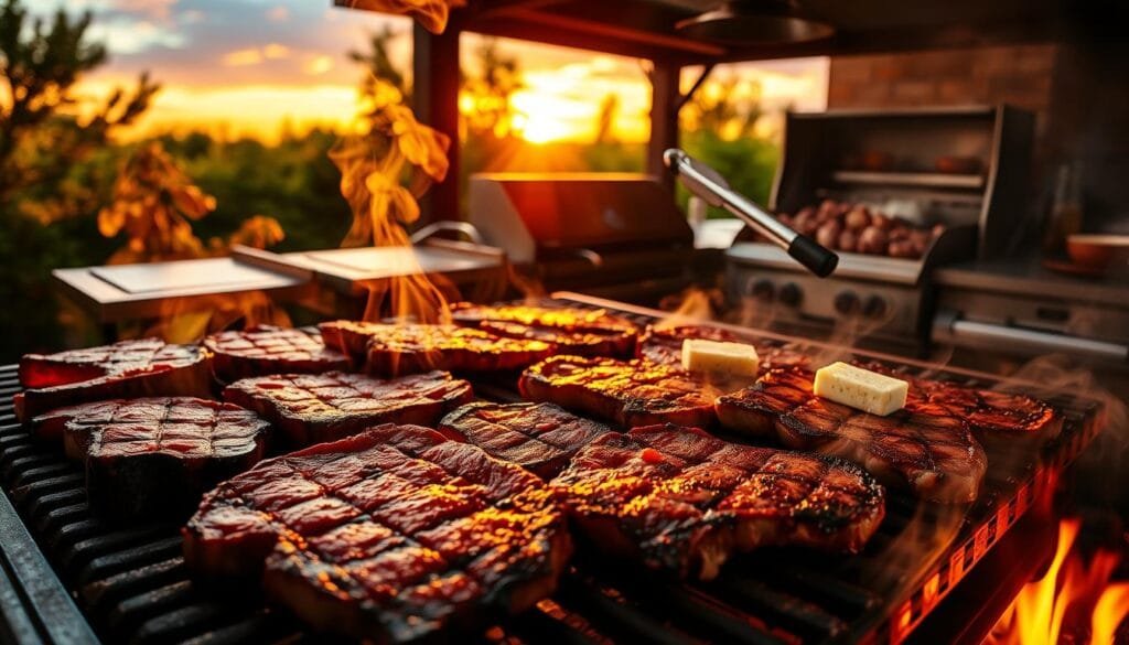 A sizzling display of expertly grilled steaks, showcasing advanced techniques for restaurant-quality results. In the foreground, a selection of thick-cut ribeyes, New York strips, and filet mignons sear over an open flame, caramelized edges and juices glistening. Wisps of fragrant smoke curl upwards, illuminated by warm, natural lighting that casts dramatic shadows across the scene. In the middle ground, a skilled grill master employs a precise basting technique, meticulously tending to the steaks with tongs and a silky, herbed butter. The background reveals a well-stocked outdoor kitchen, complete with a high-heat sear station and an array of essential grilling tools, all against a backdrop of lush greenery and a vibrant sunset sky. A sizzling display of expertly grilled steaks, showcasing advanced techniques for restaurant-quality results. In the foreground, a selection of thick-cut ribeyes, New York strips, and filet mignons sear over an open flame, caramelized edges and juices glistening. Wisps of fragrant smoke curl upwards, illuminated by warm, natural lighting that casts dramatic shadows across the scene. In the middle ground, a skilled grill master employs a precise basting technique, meticulously tending to the steaks with tongs and a silky, herbed butter. The background reveals a well-stocked outdoor kitchen, complete with a high-heat sear station and an array of essential grilling tools, all against a backdrop of lush greenery and a vibrant sunset sky.