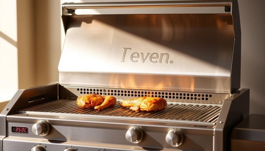 A stainless steel chicken griller with precision temperature controls, set against a clean, minimalist background. Backlit by warm, natural lighting that casts soft shadows, highlighting the griller's sleek design and intuitive knobs. The griller's grates are illuminated, showcasing its even heat distribution for perfectly seared, juicy chicken. The scene conveys a sense of culinary expertise and effortless temperature regulation, reflecting the "Proper Temperature Control and Grilling Zones" section of the article. A stainless steel chicken griller with precision temperature controls, set against a clean, minimalist background. Backlit by warm, natural lighting that casts soft shadows, highlighting the griller's sleek design and intuitive knobs. The griller's grates are illuminated, showcasing its even heat distribution for perfectly seared, juicy chicken. The scene conveys a sense of culinary expertise and effortless temperature regulation, reflecting the "Proper Temperature Control and Grilling Zones" section of the article.