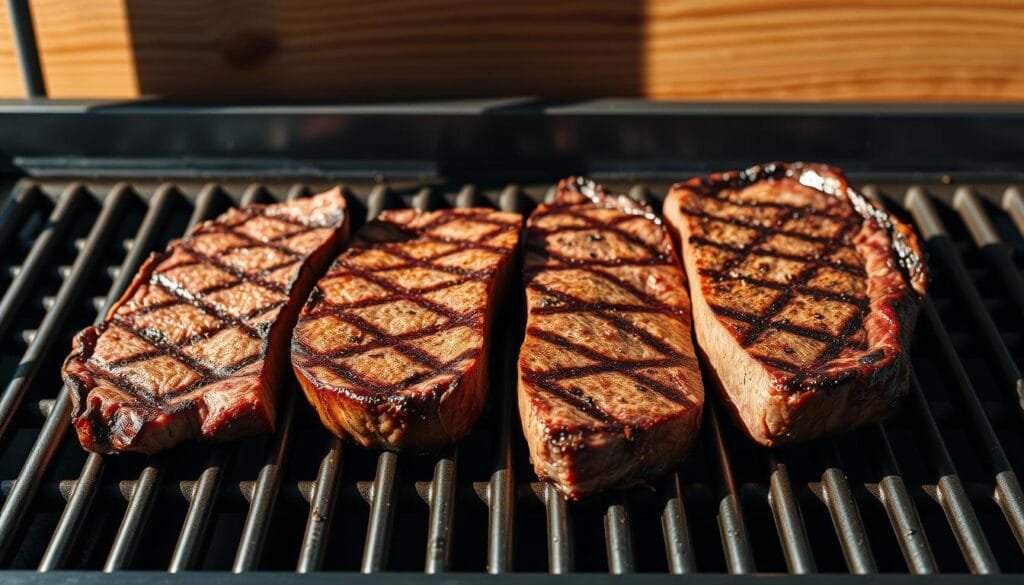 A stainless steel grill grate with seared cuts of steak placed side-by-side, highlighting their varying thicknesses. The steaks are lit by a warm, natural light that casts dramatic shadows, emphasizing their texture and marbling. In the background, a wooden surface provides a rustic contrast, complementing the industrial feel of the grill. The composition is clean and focused, drawing the viewer's attention to the precise gradations in steak thickness - from a thin, quick-cooking slice to a thick, juicy cut perfect for slow-grilling. The mood is one of culinary expertise and precision, inviting the viewer to explore the nuances of steak preparation for the ultimate grilling experience. A stainless steel grill grate with seared cuts of steak placed side-by-side, highlighting their varying thicknesses. The steaks are lit by a warm, natural light that casts dramatic shadows, emphasizing their texture and marbling. In the background, a wooden surface provides a rustic contrast, complementing the industrial feel of the grill. The composition is clean and focused, drawing the viewer's attention to the precise gradations in steak thickness - from a thin, quick-cooking slice to a thick, juicy cut perfect for slow-grilling. The mood is one of culinary expertise and precision, inviting the viewer to explore the nuances of steak preparation for the ultimate grilling experience.