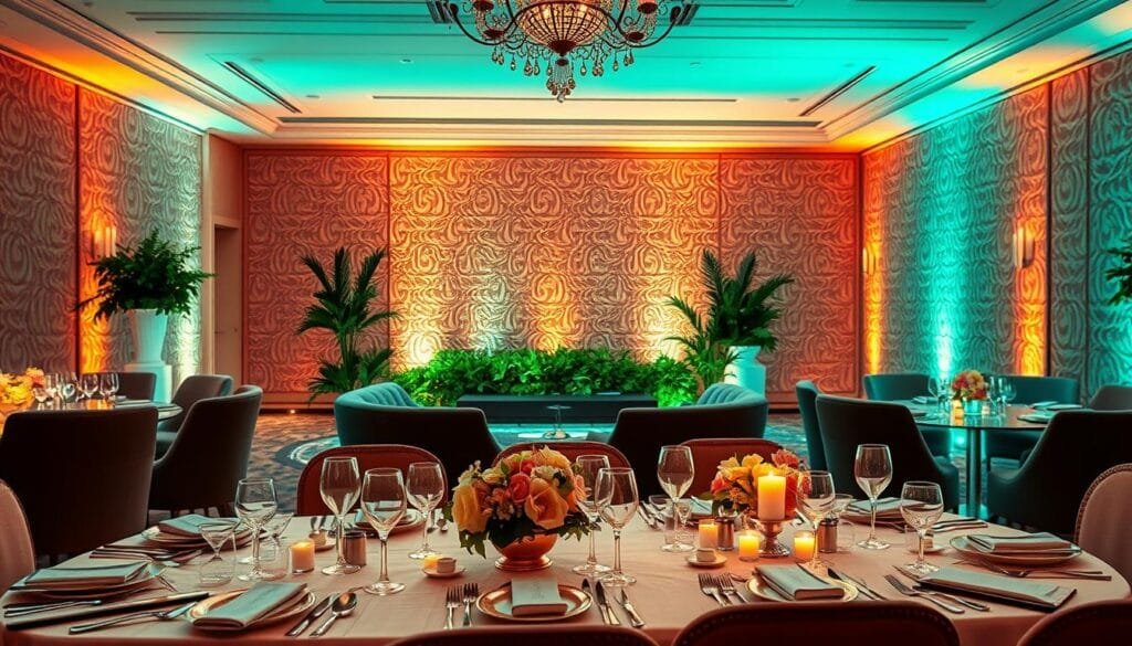 A stylish, elegantly decorated event space, bathed in warm, ambient lighting that creates a cozy, intimate atmosphere. In the foreground, a beautifully arranged table setting with fine china, crystal glassware, and intricate floral centerpieces. In the middle ground, plush, velvet-upholstered furniture and lush greenery accents that complement the overall theme. The background features a stunning, muted color palette with textured, patterned wallpaper or drapery, evoking a sense of sophistication and refinement. The overall scene conveys a harmonious balance of classic elegance and modern design, perfectly suited for a special occasion celebration. A stylish, elegantly decorated event space, bathed in warm, ambient lighting that creates a cozy, intimate atmosphere. In the foreground, a beautifully arranged table setting with fine china, crystal glassware, and intricate floral centerpieces. In the middle ground, plush, velvet-upholstered furniture and lush greenery accents that complement the overall theme. The background features a stunning, muted color palette with textured, patterned wallpaper or drapery, evoking a sense of sophistication and refinement. The overall scene conveys a harmonious balance of classic elegance and modern design, perfectly suited for a special occasion celebration.