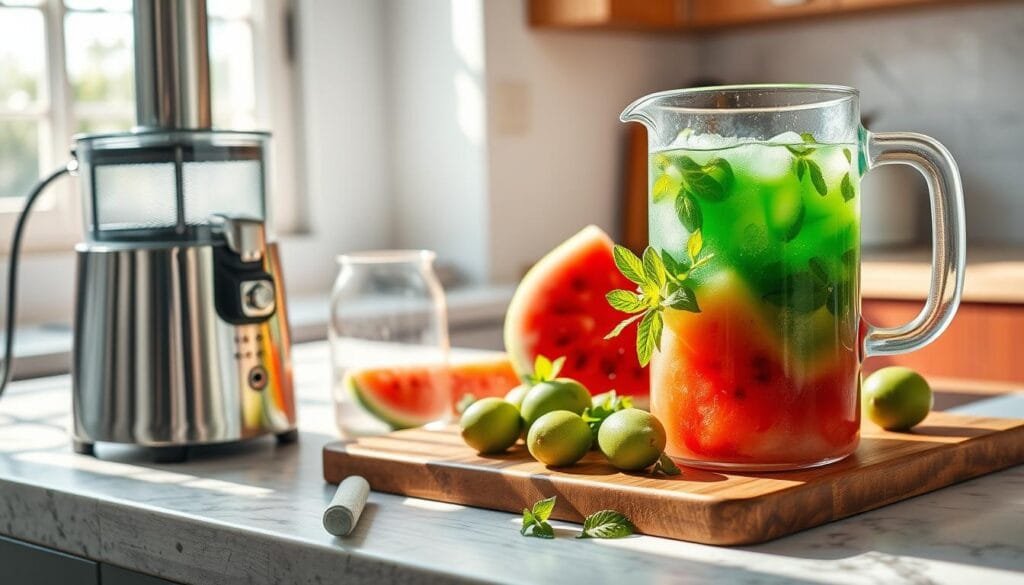 A sun-dappled kitchen counter, a wooden board showcasing the vibrant ingredients of watermelon, limes, and fresh mint. Crisp light filters through a nearby window, casting a soft glow on the scene. In the foreground, a juicer waits patiently, its sleek chrome surface reflecting the colorful produce. Beside it, a glass pitcher fills with the emerald-hued Agua Fresca, its effervescent bubbles dancing as the mixture is blended. The air is fragrant with the sweet-tart aroma of watermelon and the zesty citrus notes of lime. This serene, artisanal preparation evokes the refreshing flavors of a warm summer day.