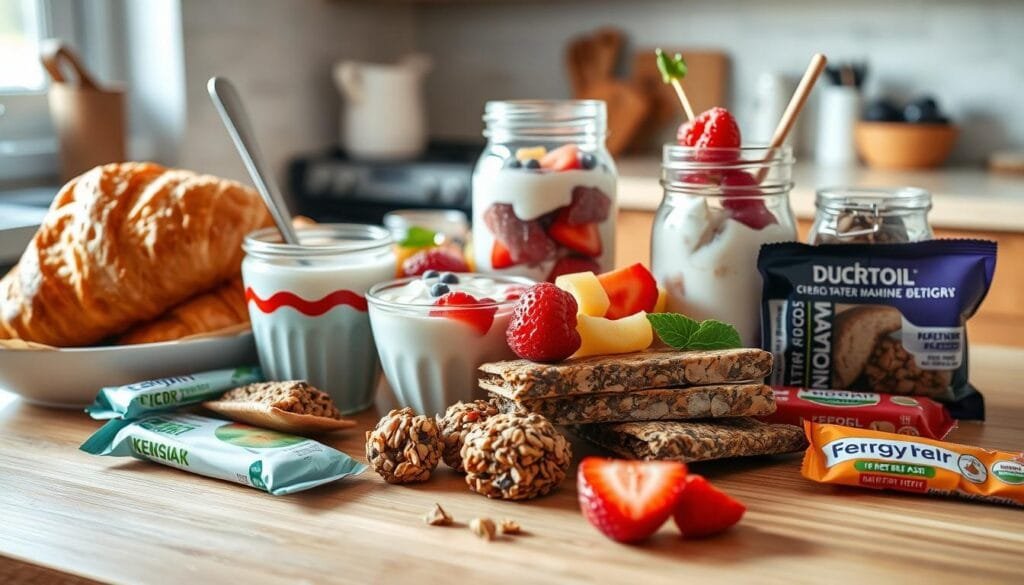 A vibrant and inviting still life capturing an array of grab-and-go breakfast options. Crisp, warm croissants, luscious yogurt parfaits, fresh fruit skewers, and an assortment of energy bars are artfully arranged on a wooden kitchen counter, bathed in soft, natural lighting that accentuates their textures and colors. The scene exudes a sense of effortless convenience and nourishment, perfectly capturing the essence of a quick, healthy start to the day. The camera angle is slightly elevated, creating a visually appealing composition that draws the viewer in, ready to savor these delectable and portable breakfast choices. A vibrant and inviting still life capturing an array of grab-and-go breakfast options. Crisp, warm croissants, luscious yogurt parfaits, fresh fruit skewers, and an assortment of energy bars are artfully arranged on a wooden kitchen counter, bathed in soft, natural lighting that accentuates their textures and colors. The scene exudes a sense of effortless convenience and nourishment, perfectly capturing the essence of a quick, healthy start to the day. The camera angle is slightly elevated, creating a visually appealing composition that draws the viewer in, ready to savor these delectable and portable breakfast choices.