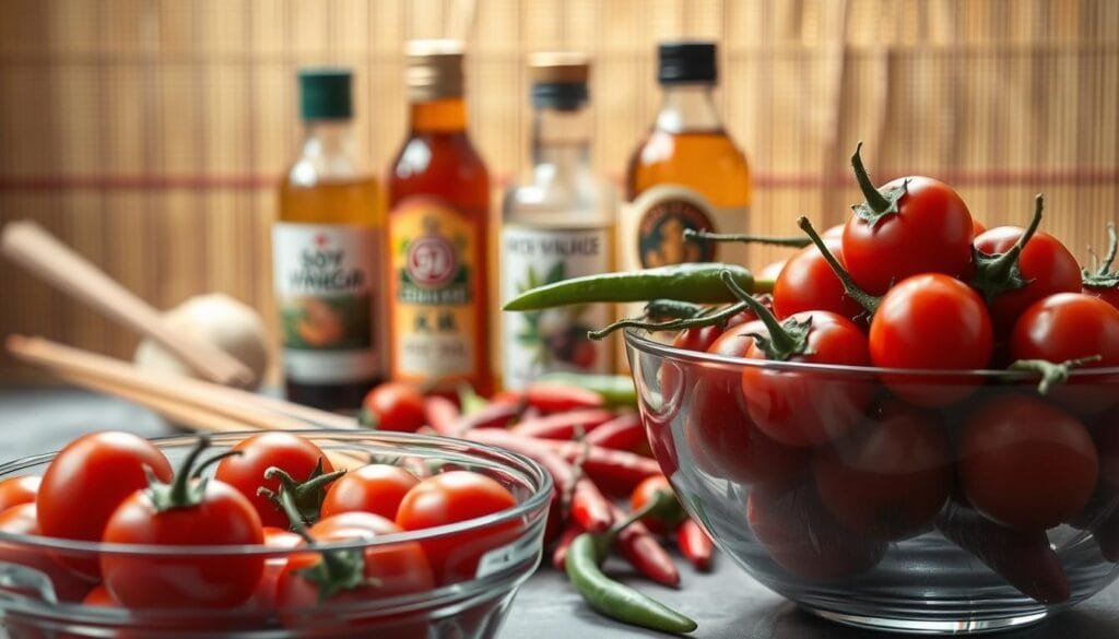 A vibrant still life of spicy Asian-inspired ketchup ingredients, shot in natural light with a shallow depth of field. In the foreground, a glass bowl overflows with ripe red tomatoes, their skins glistening. Beside it, a pile of fresh chilies in shades of green and red, their stems visible. In the middle ground, soy sauce, rice vinegar, and sesame oil bottles stand upright, their labels clearly visible. In the background, a bamboo mat and a pair of chopsticks add an authentic Asian touch. The scene is bathed in a warm, golden glow, conveying a sense of comfort and culinary inspiration.