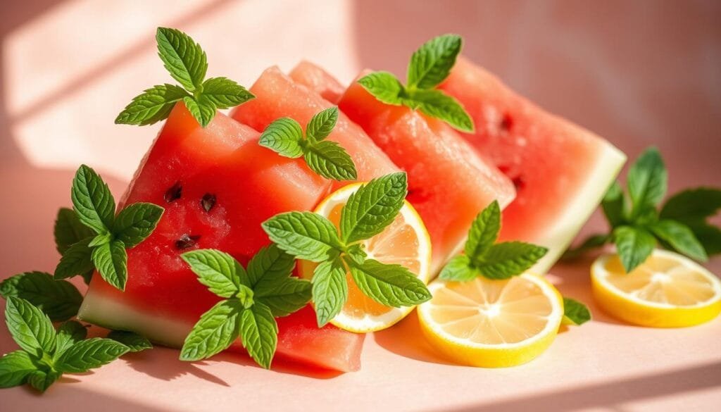 A visually appealing and thirst-quenching arrangement of sliced watermelon, fresh mint leaves, and lemon wedges against a soft, dreamy background. The watermelon slices are arranged in an artistic, overlapping pattern, with the mint leaves and lemon wedges strategically placed to create a harmonious and inviting composition. The lighting is natural and diffused, creating a warm, summery atmosphere that evokes the refreshing qualities of the lemonade. The camera angle is slightly elevated, allowing the viewer to appreciate the intricate details and textures of the ingredients. The overall mood is one of relaxation, rejuvenation, and the perfect balance of sweet and tart flavors. A visually appealing and thirst-quenching arrangement of sliced watermelon, fresh mint leaves, and lemon wedges against a soft, dreamy background. The watermelon slices are arranged in an artistic, overlapping pattern, with the mint leaves and lemon wedges strategically placed to create a harmonious and inviting composition. The lighting is natural and diffused, creating a warm, summery atmosphere that evokes the refreshing qualities of the lemonade. The camera angle is slightly elevated, allowing the viewer to appreciate the intricate details and textures of the ingredients. The overall mood is one of relaxation, rejuvenation, and the perfect balance of sweet and tart flavors.