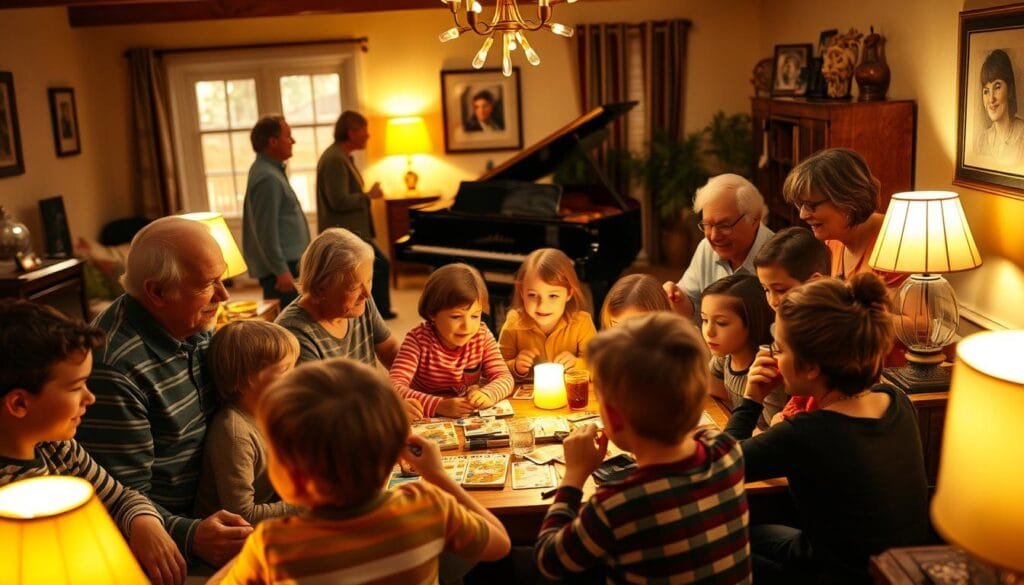A warm and lively multi-generational family gathering, with grandparents, parents, and children enjoying various forms of entertainment. In the foreground, a group of children playing board games and card games together, their faces lit by the soft glow of lamps. In the middle ground, adults conversing animatedly, some sipping drinks, while in the background, a grand piano stands, hinting at musical performances to come. The scene is bathed in a cozy, golden light, creating a sense of togetherness and joy. The overall atmosphere is one of camaraderie, laughter, and cherished memories being made. A warm and lively multi-generational family gathering, with grandparents, parents, and children enjoying various forms of entertainment. In the foreground, a group of children playing board games and card games together, their faces lit by the soft glow of lamps. In the middle ground, adults conversing animatedly, some sipping drinks, while in the background, a grand piano stands, hinting at musical performances to come. The scene is bathed in a cozy, golden light, creating a sense of togetherness and joy. The overall atmosphere is one of camaraderie, laughter, and cherished memories being made.