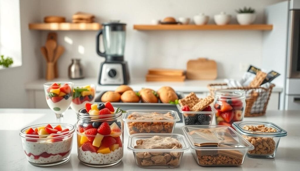 A well-lit kitchen counter with an array of grab-and-go breakfast items neatly arranged. In the foreground, a selection of overnight oats, yogurt parfaits, and portable fruit salads. In the middle, a sleek blender, a tray of freshly baked muffins, and a basket of granola bars. The background features a clean, minimalist backdrop, allowing the vibrant colors and textures of the food to take center stage. The scene is captured with a wide-angle lens, creating a sense of depth and showcasing the ease and convenience of these make-ahead breakfast solutions. The overall mood is fresh, inviting, and effortlessly organized, reflecting the section's focus on simplifying the morning routine. A well-lit kitchen counter with an array of grab-and-go breakfast items neatly arranged. In the foreground, a selection of overnight oats, yogurt parfaits, and portable fruit salads. In the middle, a sleek blender, a tray of freshly baked muffins, and a basket of granola bars. The background features a clean, minimalist backdrop, allowing the vibrant colors and textures of the food to take center stage. The scene is captured with a wide-angle lens, creating a sense of depth and showcasing the ease and convenience of these make-ahead breakfast solutions. The overall mood is fresh, inviting, and effortlessly organized, reflecting the section's focus on simplifying the morning routine.