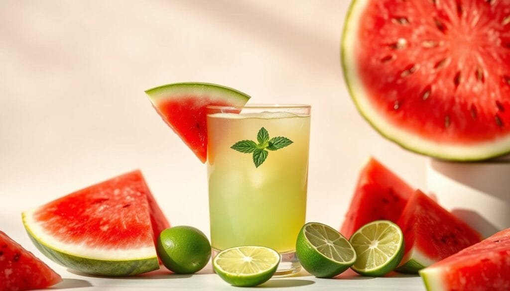 Crisp, vibrant still life of an array of watermelon and lime garnishes for an agua fresca drink. In the foreground, slices of juicy, ruby-red watermelon and fresh green lime wedges are arranged artfully against a light, airy backdrop. The middle ground features a glass tumbler filled with the pale green, opaque beverage, adorned with a watermelon wedge and mint sprig. Overhead lighting casts warm, natural shadows, highlighting the refreshing, summery mood. The composition is balanced and visually striking, showcasing the vibrant colors and textures of the ingredients in an appetizing, photogenic display.