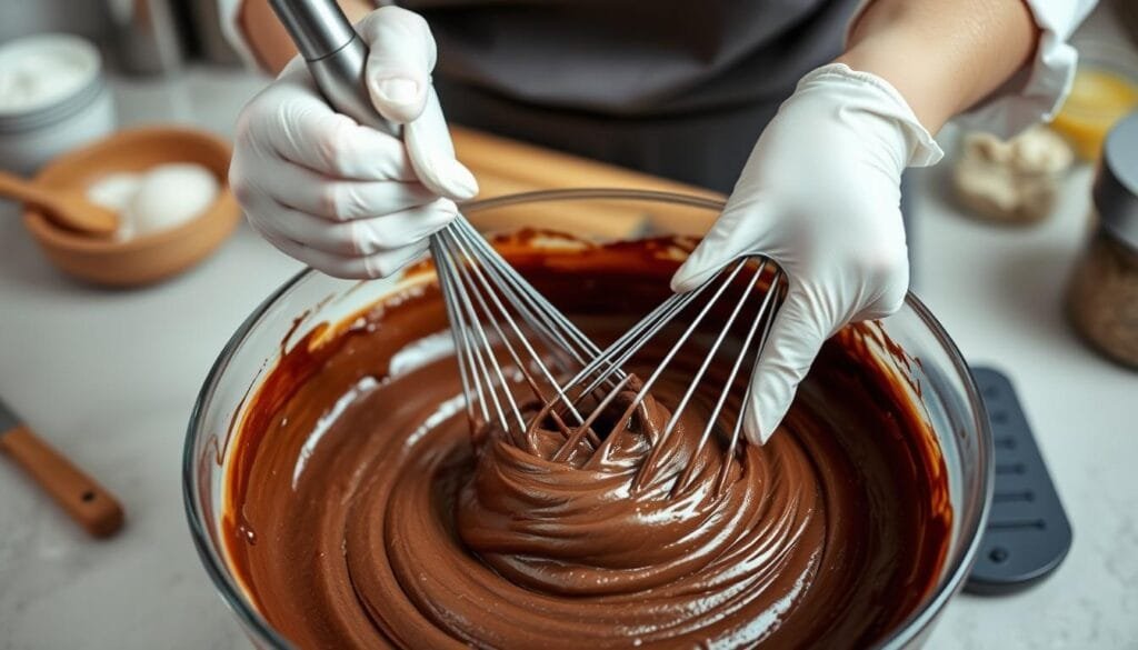 High-quality close-up image of a baker's hands mixing chocolate cake batter in a large bowl using a whisk. The batter should have a rich, glossy texture and be a deep, dark brown color. The background is a neutral kitchen countertop with utensils and baking ingredients visible in the middle and background. The lighting is soft and diffused, creating gentle shadows that accentuate the mixing motion. The composition should be centered on the mixing action, filling the frame to showcase the proper mixing techniques and methods in detail. High-quality close-up image of a baker's hands mixing chocolate cake batter in a large bowl using a whisk. The batter should have a rich, glossy texture and be a deep, dark brown color. The background is a neutral kitchen countertop with utensils and baking ingredients visible in the middle and background. The lighting is soft and diffused, creating gentle shadows that accentuate the mixing motion. The composition should be centered on the mixing action, filling the frame to showcase the proper mixing techniques and methods in detail.