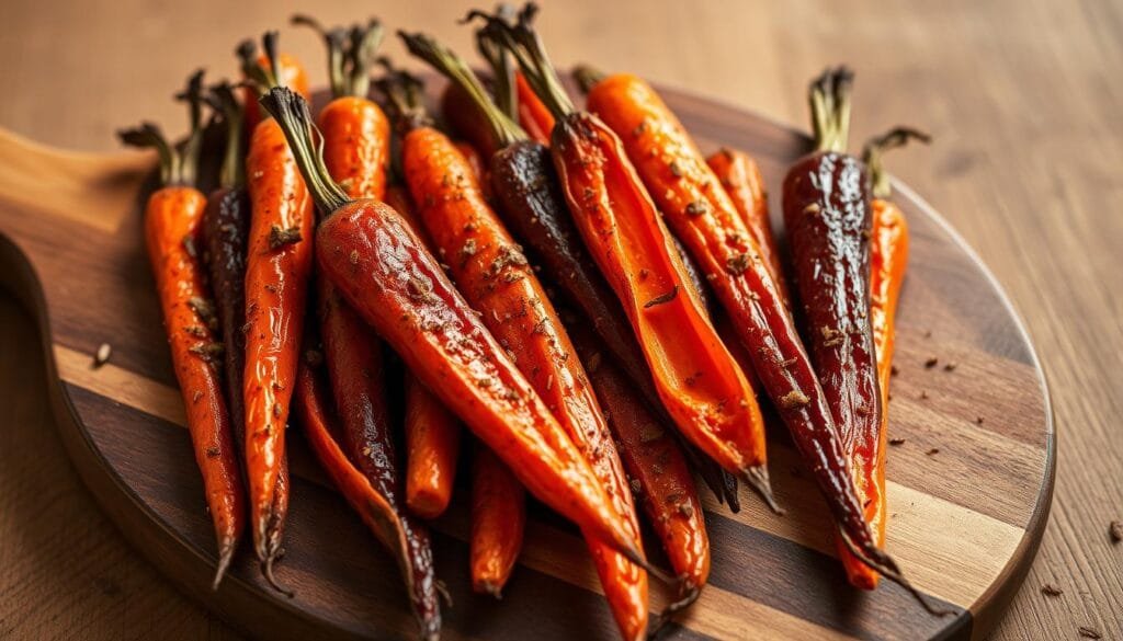 Roasted carrots with a vibrant Moroccan spice blend, arranged artfully on a rustic wooden serving board. The carrots have a deep, caramelized exterior and a tender, flavorful interior. Sprinkled with fragrant cumin, coriander, paprika, and a hint of cinnamon. Soft, warm lighting casts a cozy glow, highlighting the rich orange hues and the intricate textures of the roasted vegetables. The composition is balanced, with the carrots taking center stage against a minimalist background, allowing the savory, aromatic dish to shine. Roasted carrots with a vibrant Moroccan spice blend, arranged artfully on a rustic wooden serving board. The carrots have a deep, caramelized exterior and a tender, flavorful interior. Sprinkled with fragrant cumin, coriander, paprika, and a hint of cinnamon. Soft, warm lighting casts a cozy glow, highlighting the rich orange hues and the intricate textures of the roasted vegetables. The composition is balanced, with the carrots taking center stage against a minimalist background, allowing the savory, aromatic dish to shine.