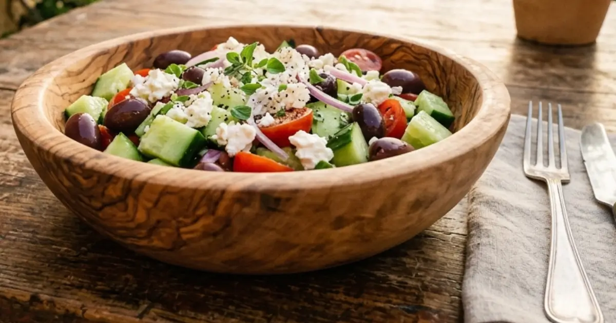 Fresh Mediterranean cucumber and feta salad with cherry tomatoes, Kalamata olives, red onion, and herbs served in a rustic wooden bowl.