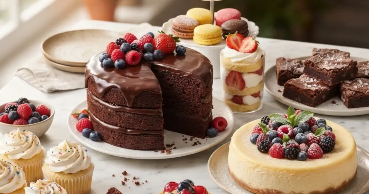 A beautifully arranged dessert table featuring a rich chocolate layer cake topped with fresh berries, creamy cheesecake, fudgy brownies, berry parfaits, colorful macarons, and frosted cupcakes on a marble countertop.