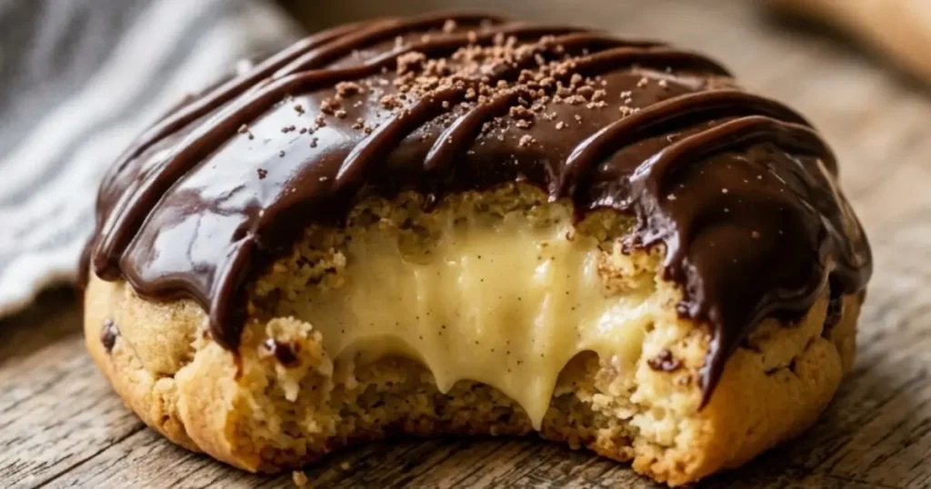 A soft Boston cream pie cookie with a bite taken out, revealing a creamy vanilla custard filling and topped with glossy chocolate ganache.