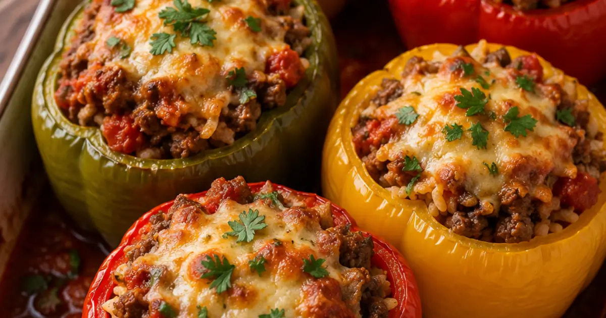 Colorful baked stuffed bell peppers filled with seasoned ground beef, rice, tomato sauce, and melted cheese, garnished with fresh parsley in a baking dish.
